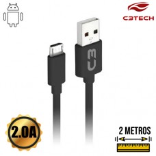 Cabo USB Micro USB V8 Emborrachado 2.0A 2m CB-M20BK C3 Tech Preto